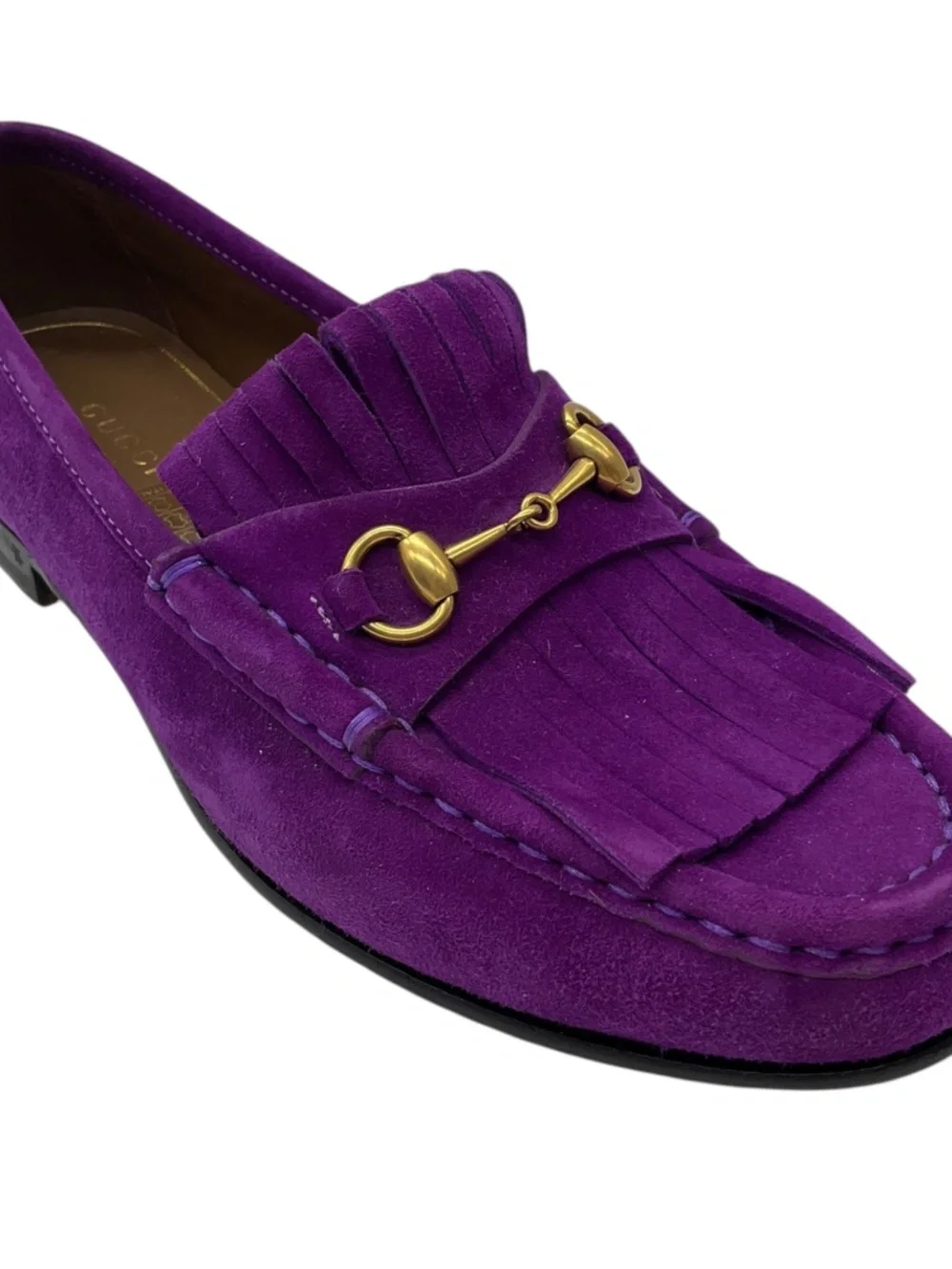 GUCCI PURPLE / ANTIQUED GOLD HORSEBIT DETAIL SUEDE LOAFERS / MOCCASIN FLATS